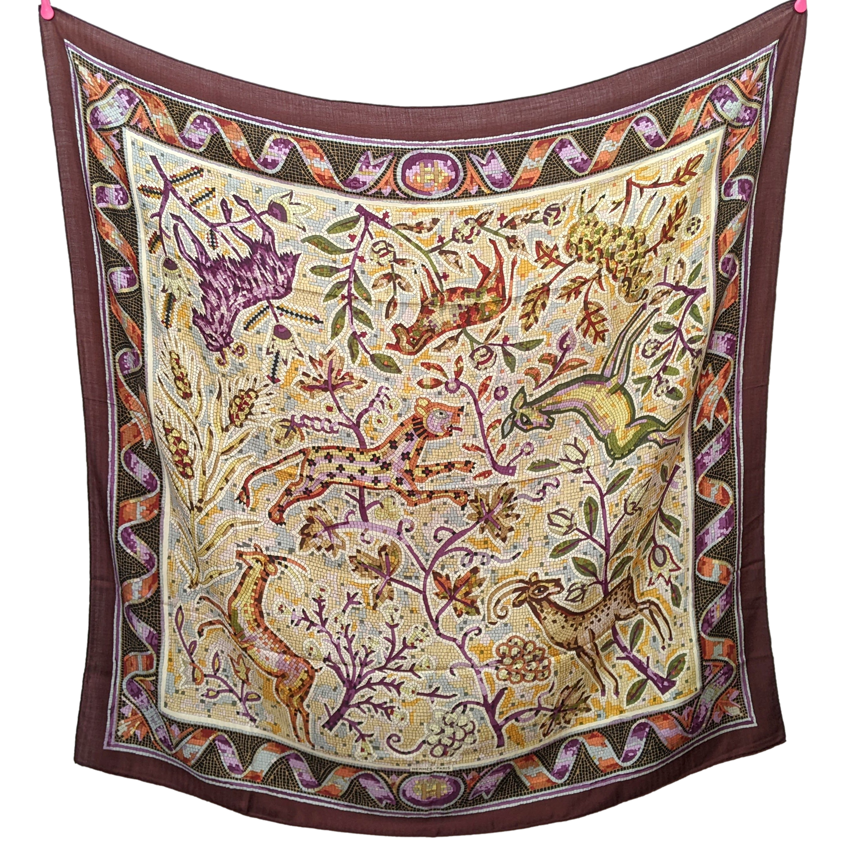 Hermes GRAIL 2003 Burgundy " Pavement " Mosaics Cashmere Shawl 140