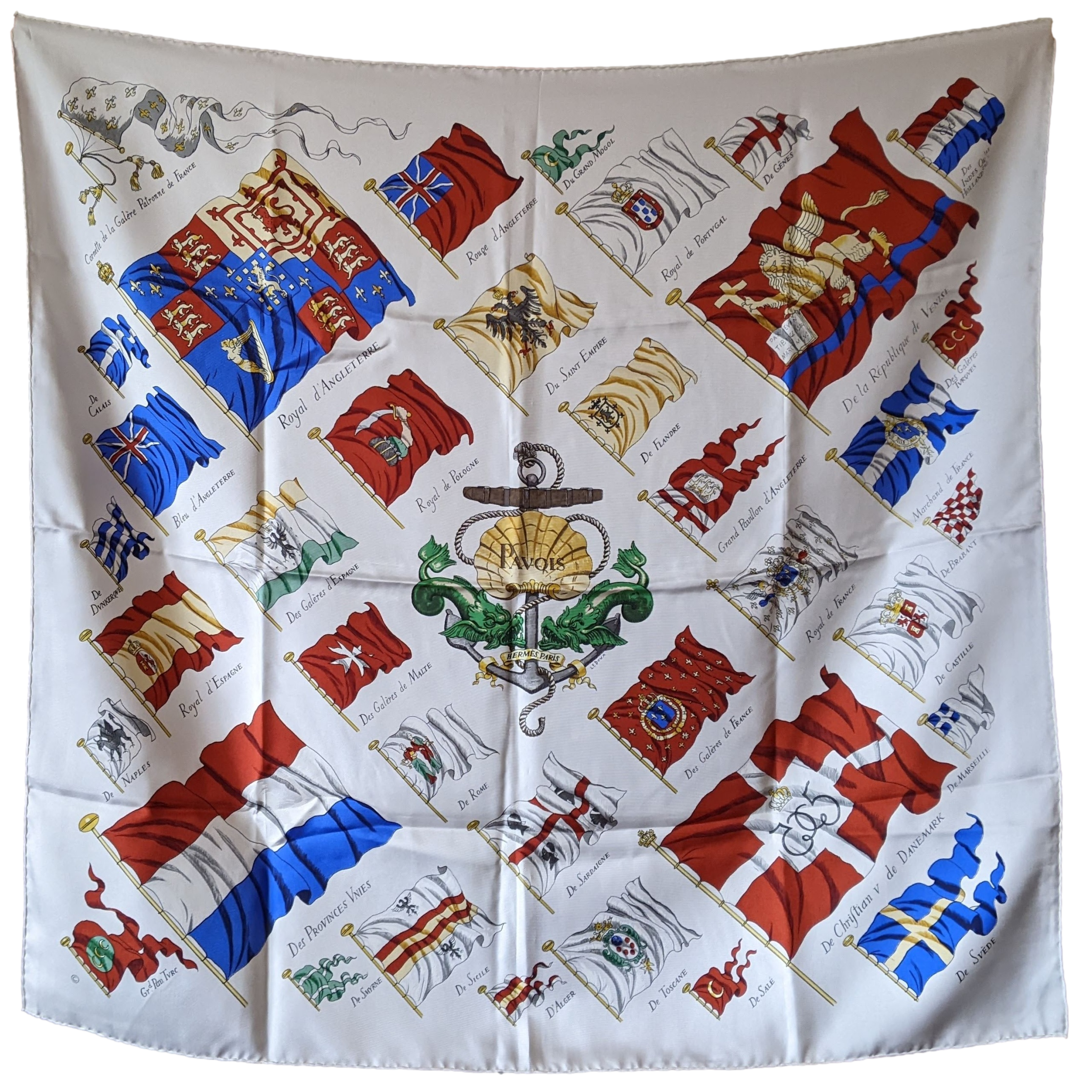 Produits Hermes White "Pavois" Twill Silk Scarf 90 x 90 cm