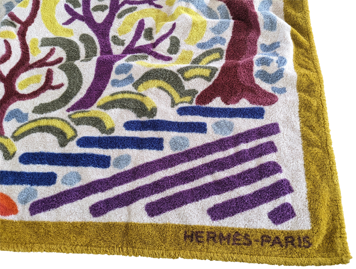 Hermes Multicolore/Orange " Paysage " Tapis de Plage Terry Beach Towel 150 x 90cm