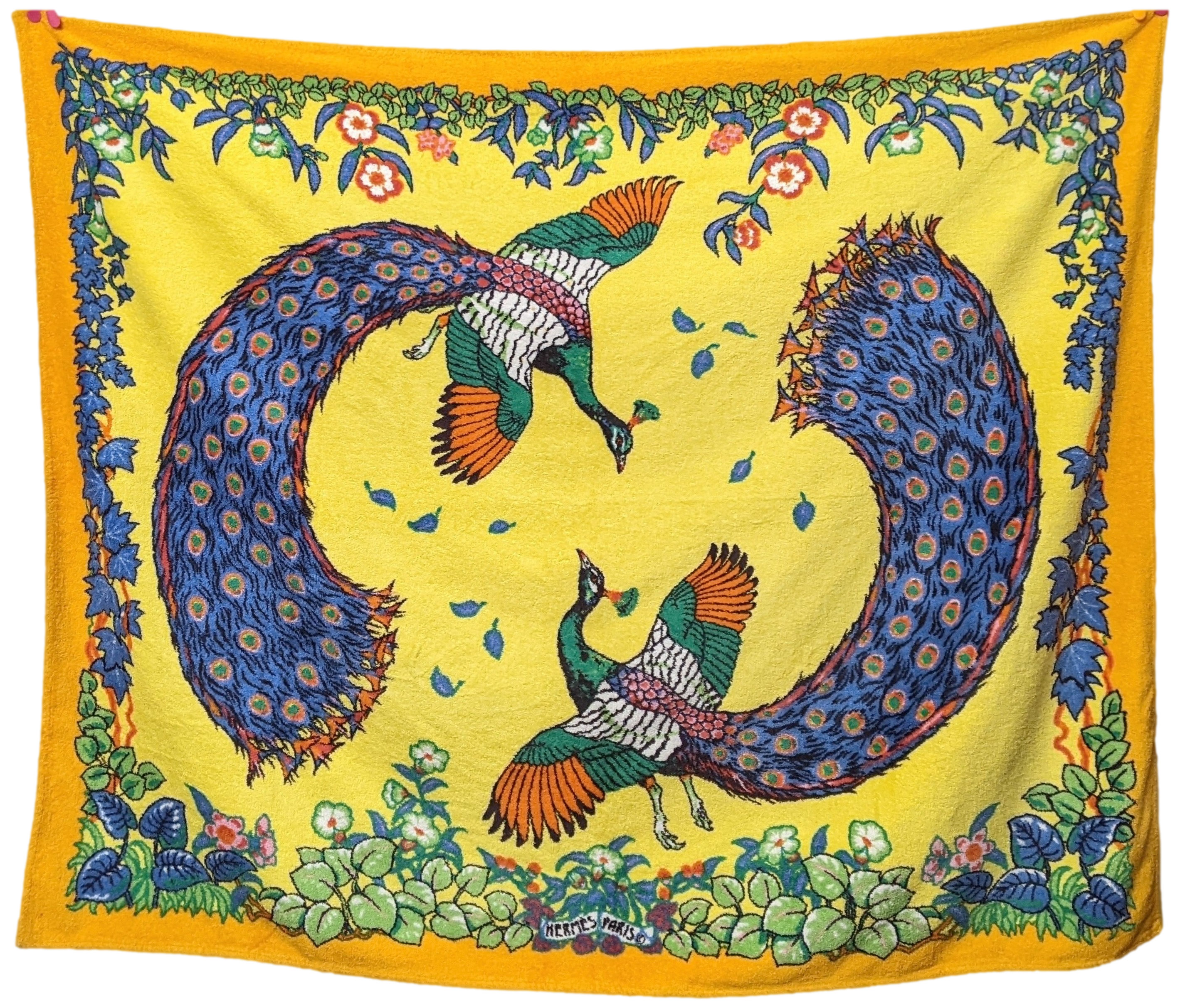 Hermes Orange/Yellow "Peacocks" Tapis de Plage Terry Beach Towel XXL 145 x 190 cm