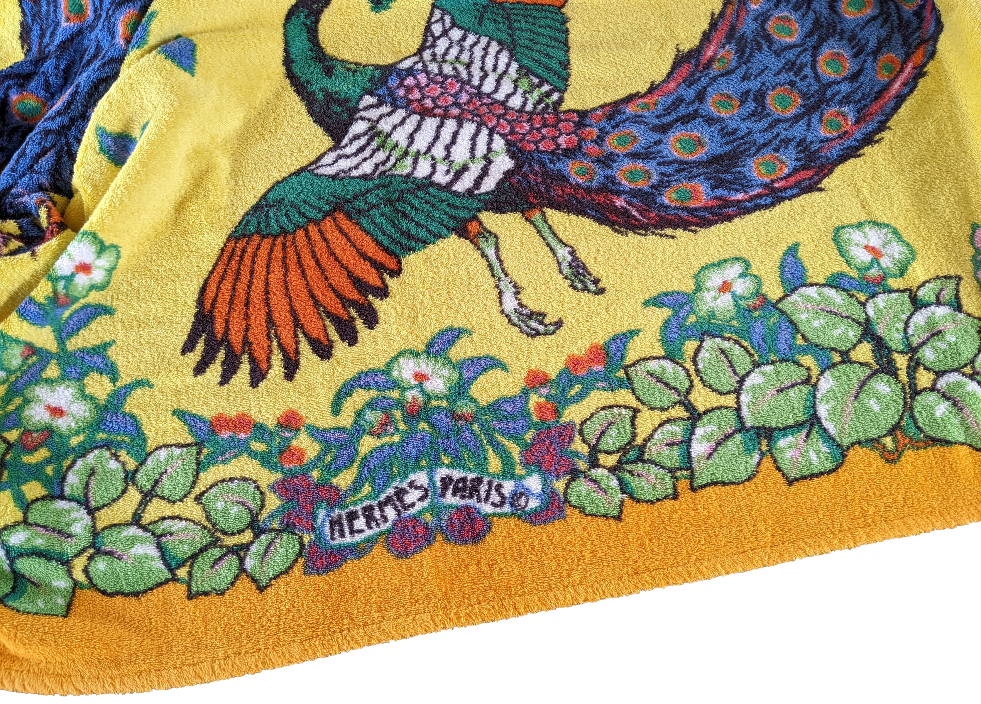 Hermes Orange/Yellow "Peacocks" Tapis de Plage Terry Beach Towel XXL 145 x 190 cm