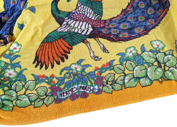 Hermes Orange/Yellow "Peacocks" Tapis de Plage Terry Beach Towel XXL 145 x 190 cm