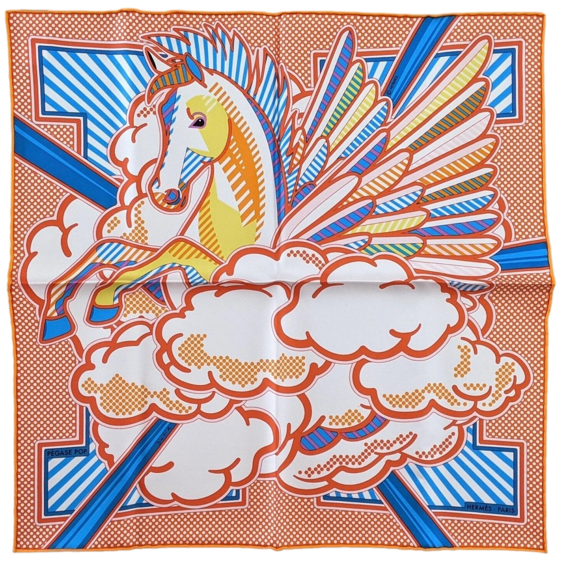 Produits Hermes Orange/Turquoise PEGASE POP by Dimitri R. Twill Gavroche Pocket Scarf 45 cm