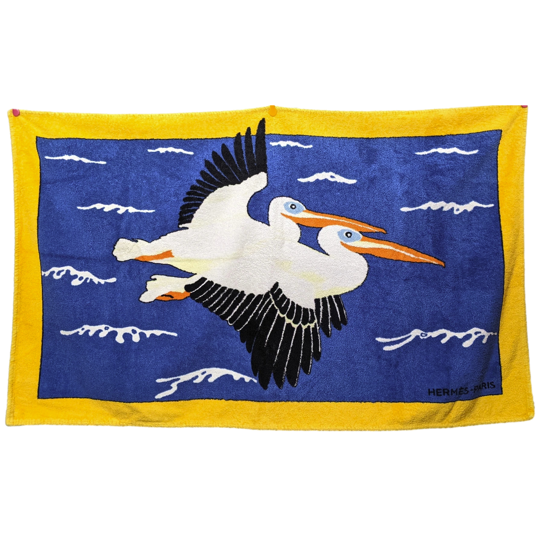 Hermes Vintage Yellow/Blue Cotton Terry "Pelicans" Beach Towel 90 x 150 cm