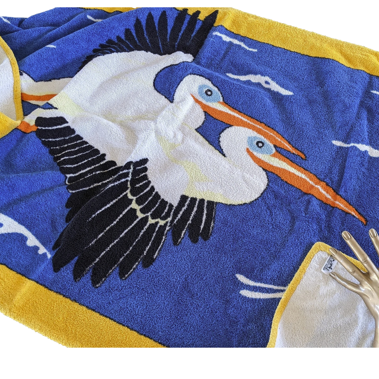 Hermes Vintage Yellow/Blue Cotton Terry "Pelicans" Beach Towel 90 x 150 cm
