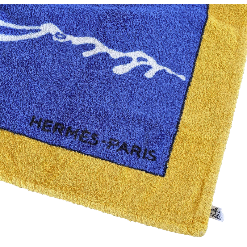 Hermes Vintage Yellow/Blue Cotton Terry "Pelicans" Beach Towel 90 x 150 cm