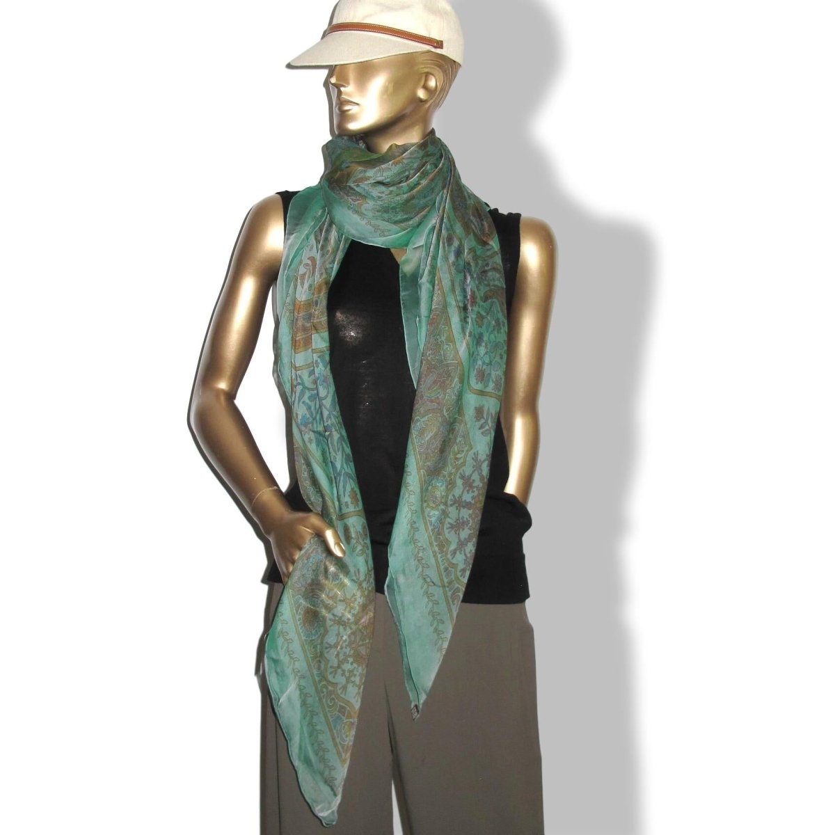 Hermes Perle Emeraude/Marron AUX PORTES DU PALAIS by Christine Henry Mousseline Changeante Shawl 140, NWT! - poupishop