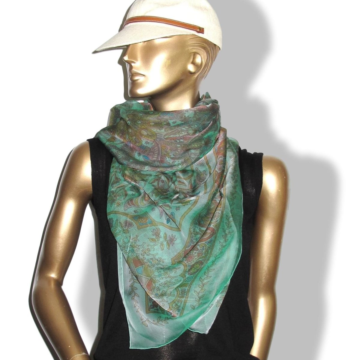 Hermes Perle Emeraude/Marron AUX PORTES DU PALAIS by Christine Henry Mousseline Changeante Shawl 140, NWT! - poupishop