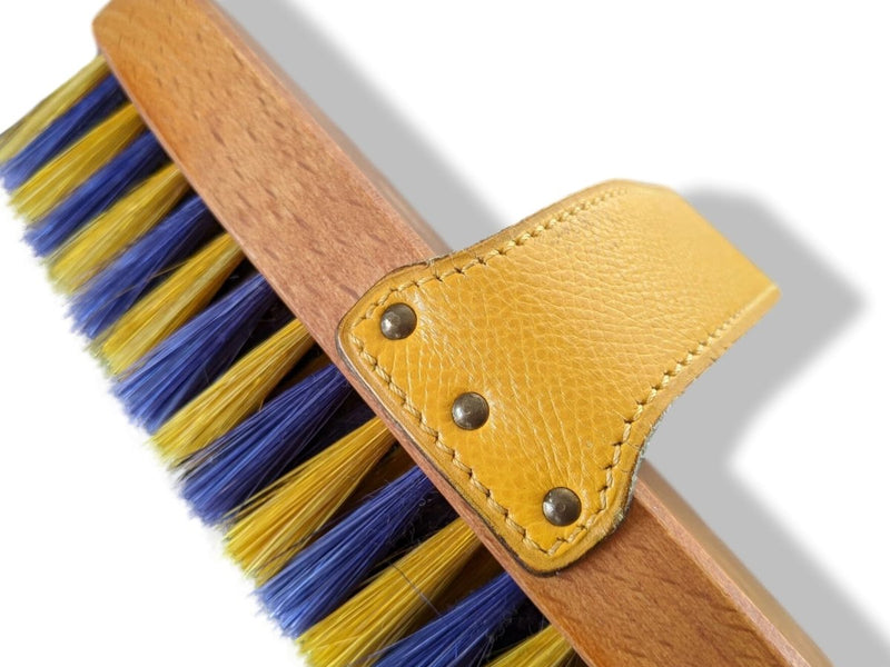 Hermes Pets Blue/Yellow Equistrian Leather/Wood/Silk HORSE BODY BRUSH - poupishop