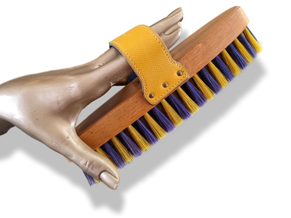 Hermes Pets Blue/Yellow Equistrian Leather/Wood/Silk HORSE BODY BRUSH - poupishop