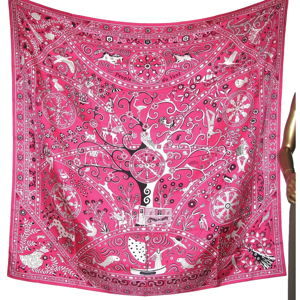 Produits Hermes 2009 Rose Vif/Blanc PEUPLE DU VENT Silk Shawl 140 