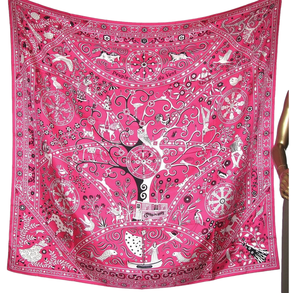 Produits Hermes 2009 Rose Vif/Blanc PEUPLE DU VENT Silk Shawl 140 