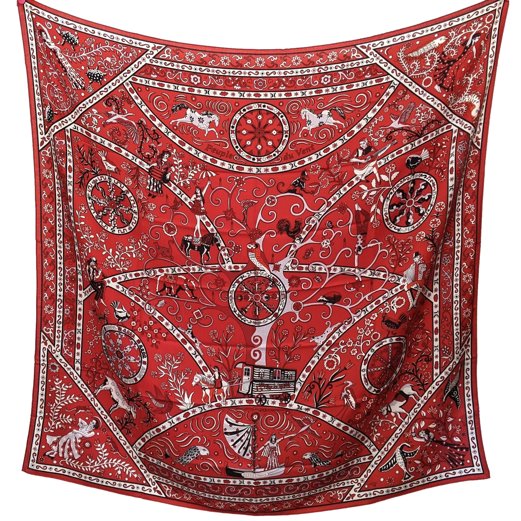 Hermes Rouge/Noir/Gris "Peuple du Vent" by Christine Henry Cashmere Shawl 140