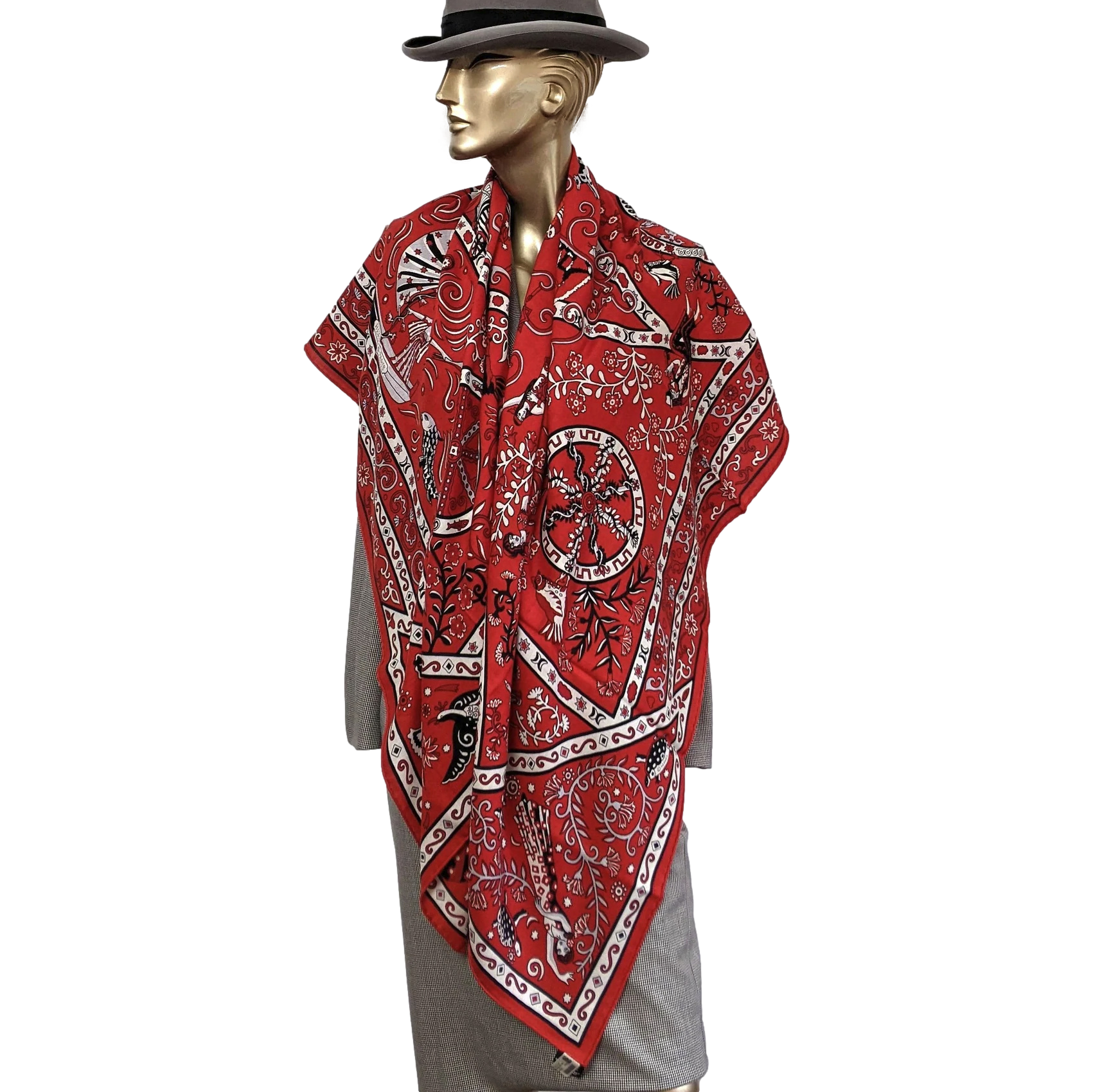 Hermes Rouge/Noir/Gris "Peuple du Vent" by Christine Henry Cashmere Shawl 140
