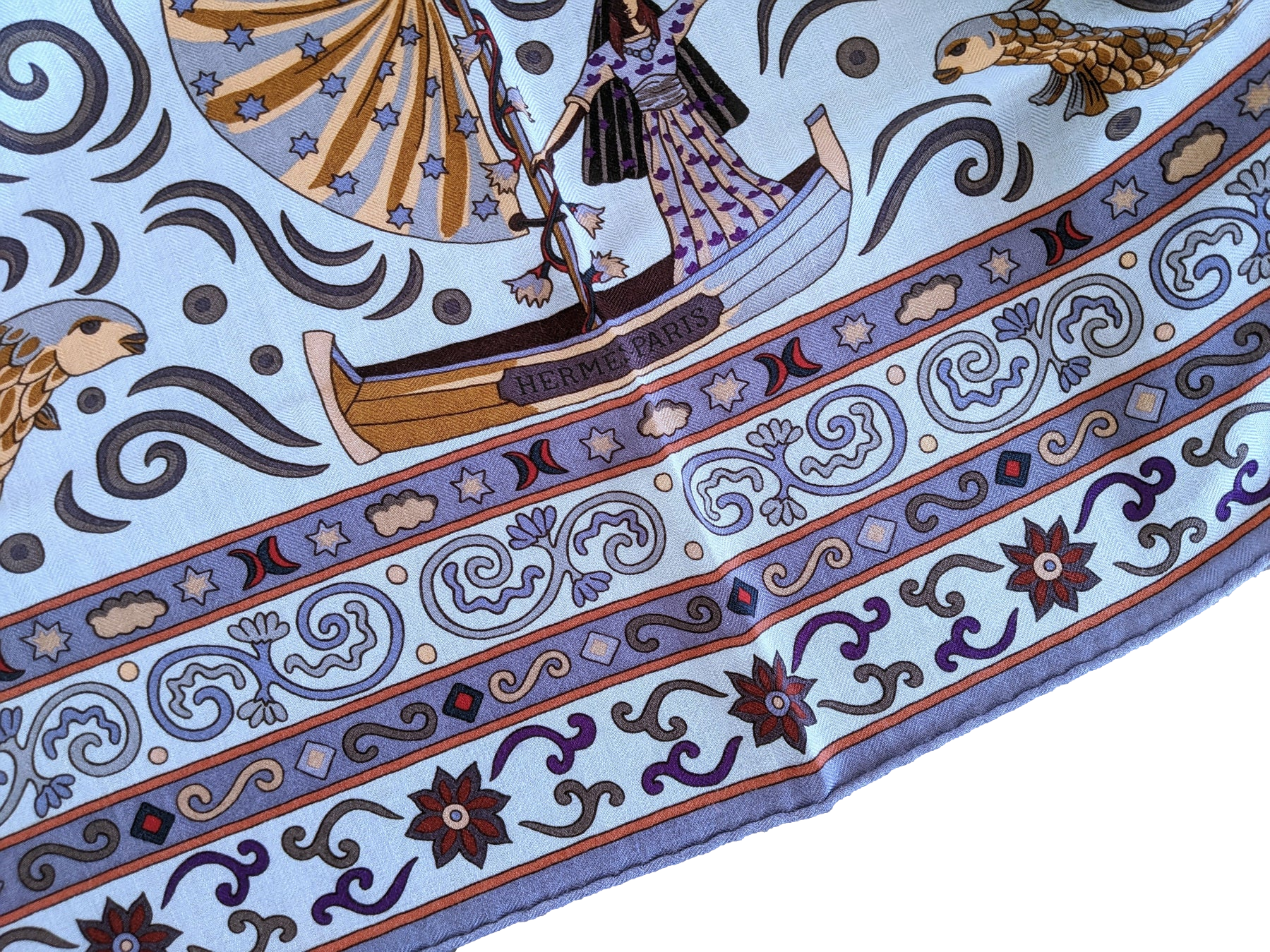 Hermes 2009 Bleu Ciel/Parme "Peuple du Vent" by Christine Henry Cashmere Shawl 140