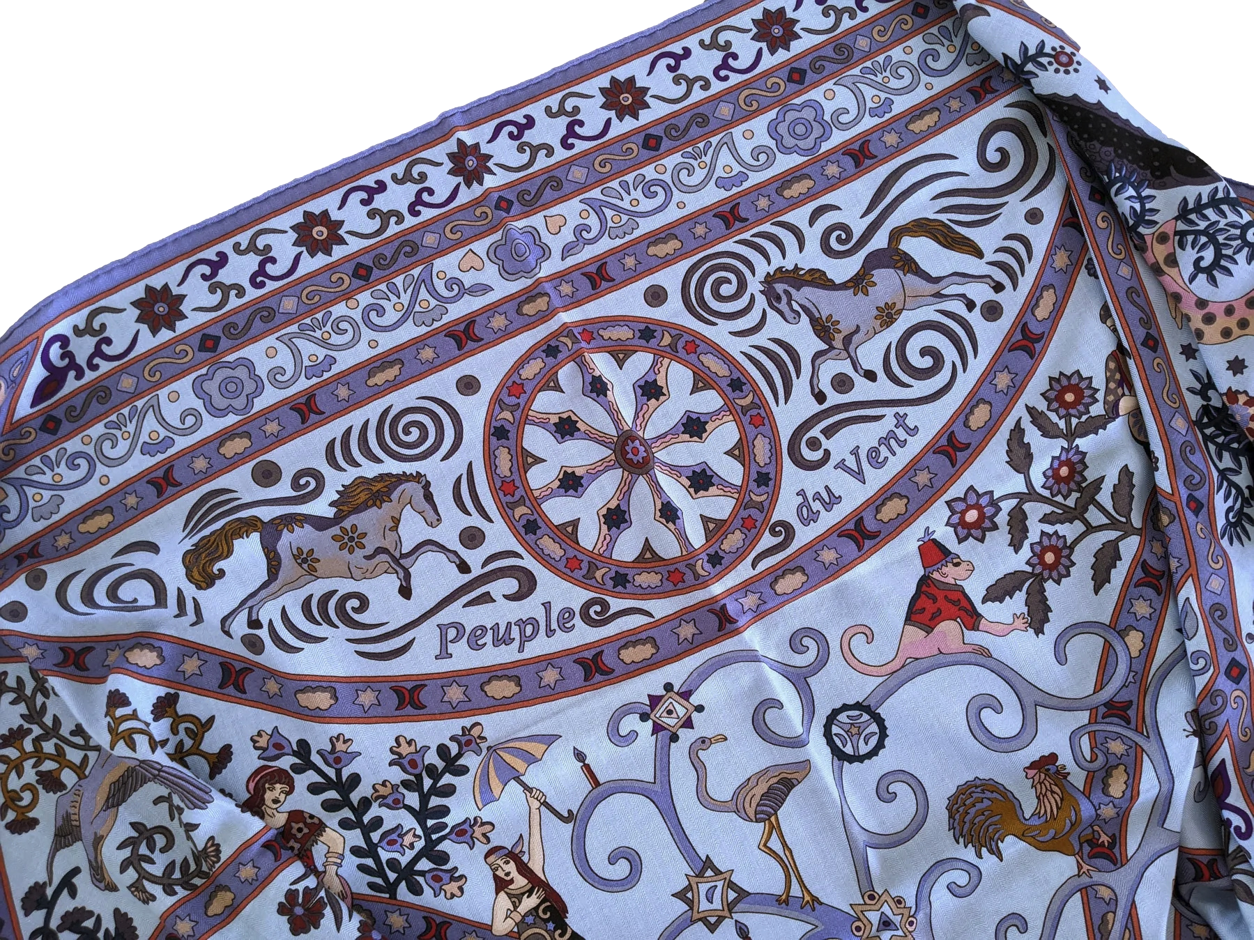 Hermes 2009 Bleu Ciel/Parme "Peuple du Vent" by Christine Henry Cashmere Shawl 140