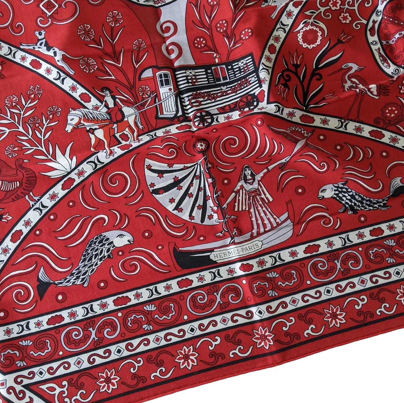 Hermes Rouge/Noir/Gris "Peuple du Vent" by Christine Henry Cashmere Shawl 140