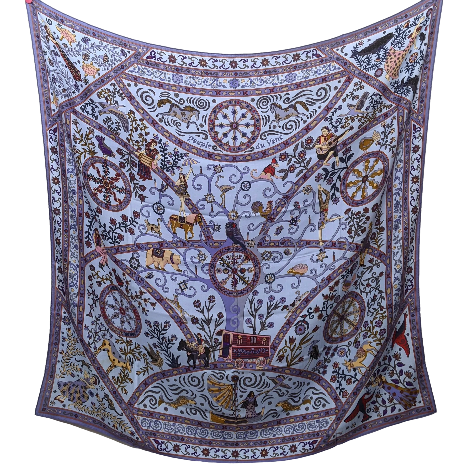 Hermes 2009 Bleu Ciel/Parme "Peuple du Vent" by Christine Henry Cashmere Shawl 140