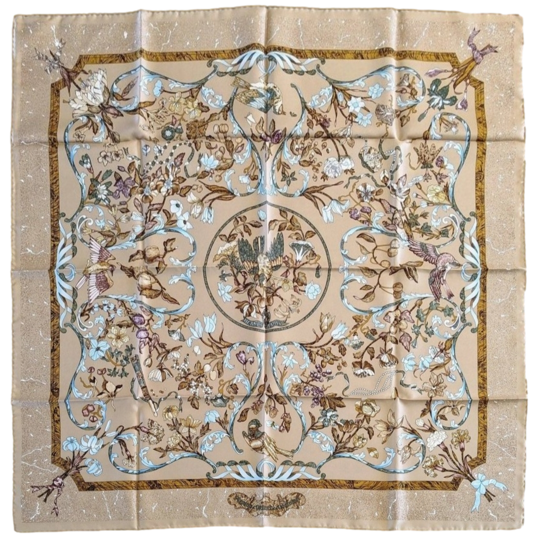Hermes 2011 Beige/Bleu Glacier PIERRES D'ORIENT ET D'OCCIDENT by Zoe Pauwels Twill Carre 90cm