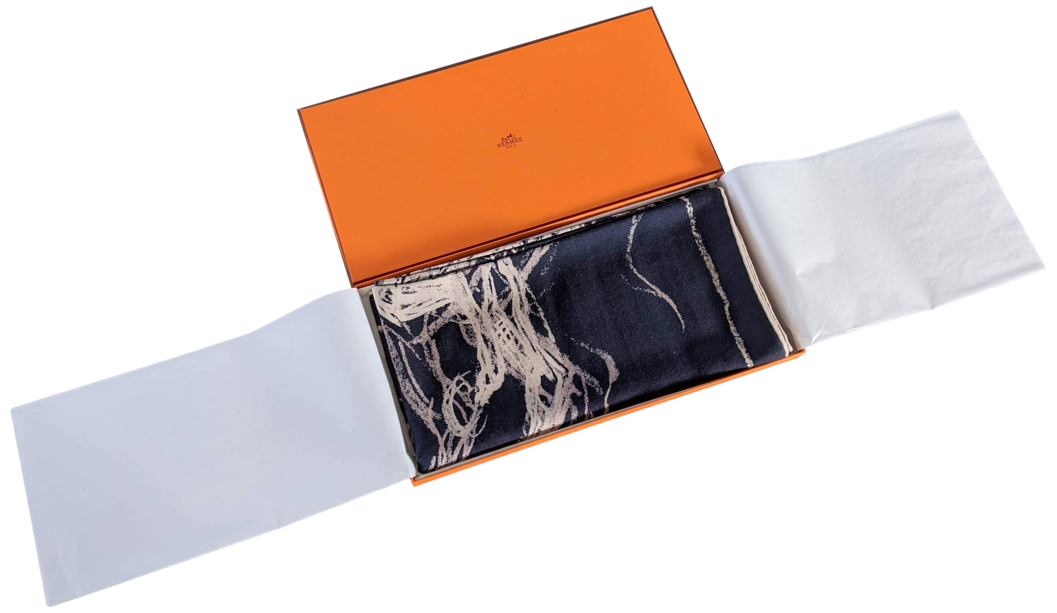 Hermes 2017 Marine/Naturel/Beige "Pirouette au Galop" by Jean-Louis Sauvat Cashmere Shawl 140 x 140 cm