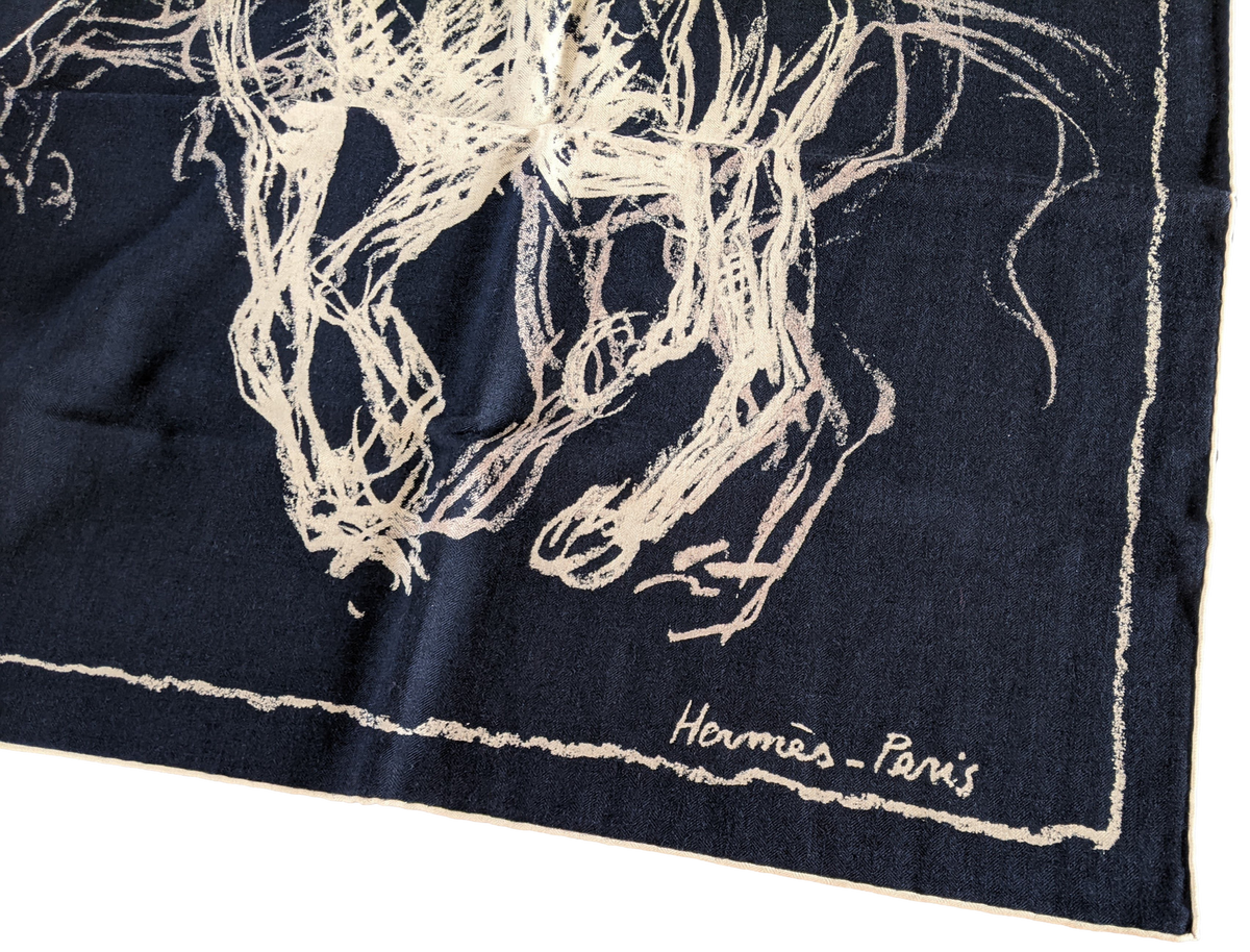 Hermes 2017 Marine/Naturel/Beige "Pirouette au Galop" by Jean-Louis Sauvat Cashmere Shawl 140 x 140 cm