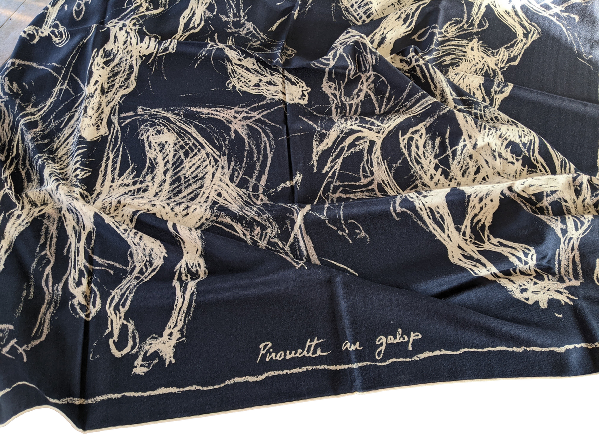 Hermes 2017 Marine/Naturel/Beige "Pirouette au Galop" by Jean-Louis Sauvat Cashmere Shawl 140 x 140 cm