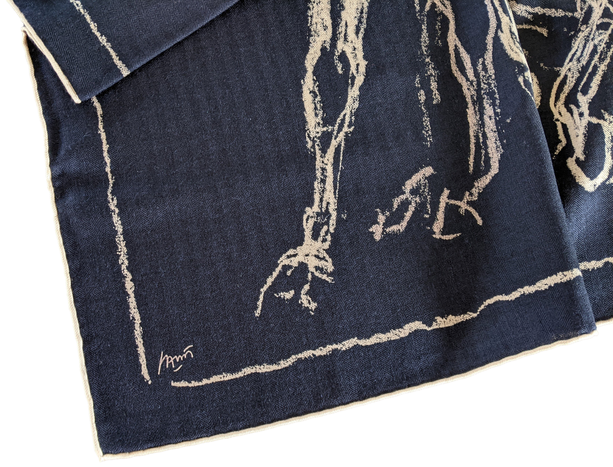 Hermes 2017 Marine/Naturel/Beige "Pirouette au Galop" by Jean-Louis Sauvat Cashmere Shawl 140 x 140 cm