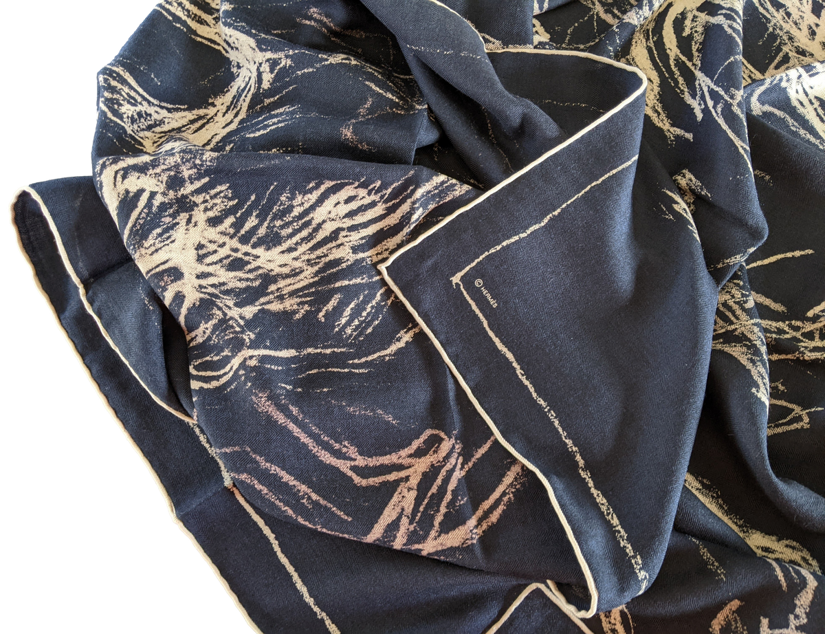 Hermes 2017 Marine/Naturel/Beige "Pirouette au Galop" by Jean-Louis Sauvat Cashmere Shawl 140 x 140 cm