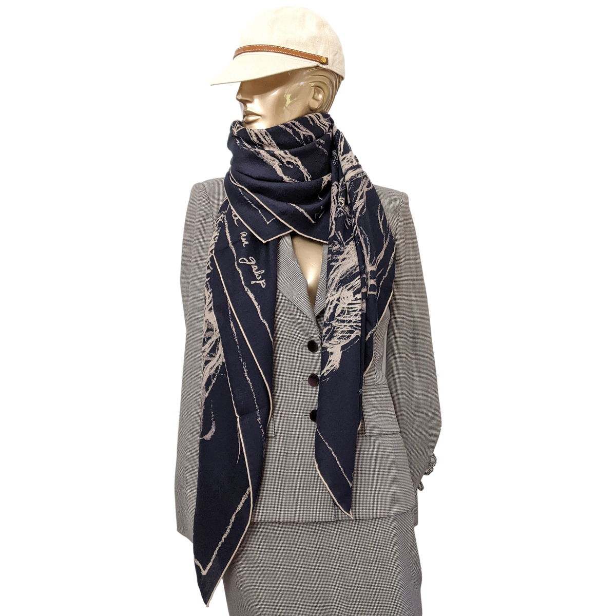 Hermes 2017 Marine/Naturel/Beige "Pirouette au Galop" by Jean-Louis Sauvat Cashmere Shawl 140 x 140 cm