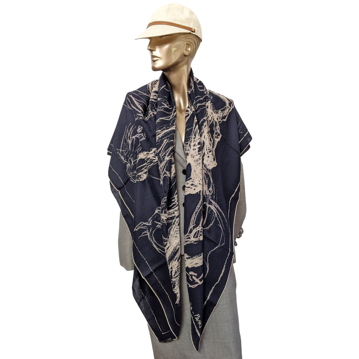 Hermes 2017 Marine/Naturel/Beige "Pirouette au Galop" by Jean-Louis Sauvat Cashmere Shawl 140 x 140 cm