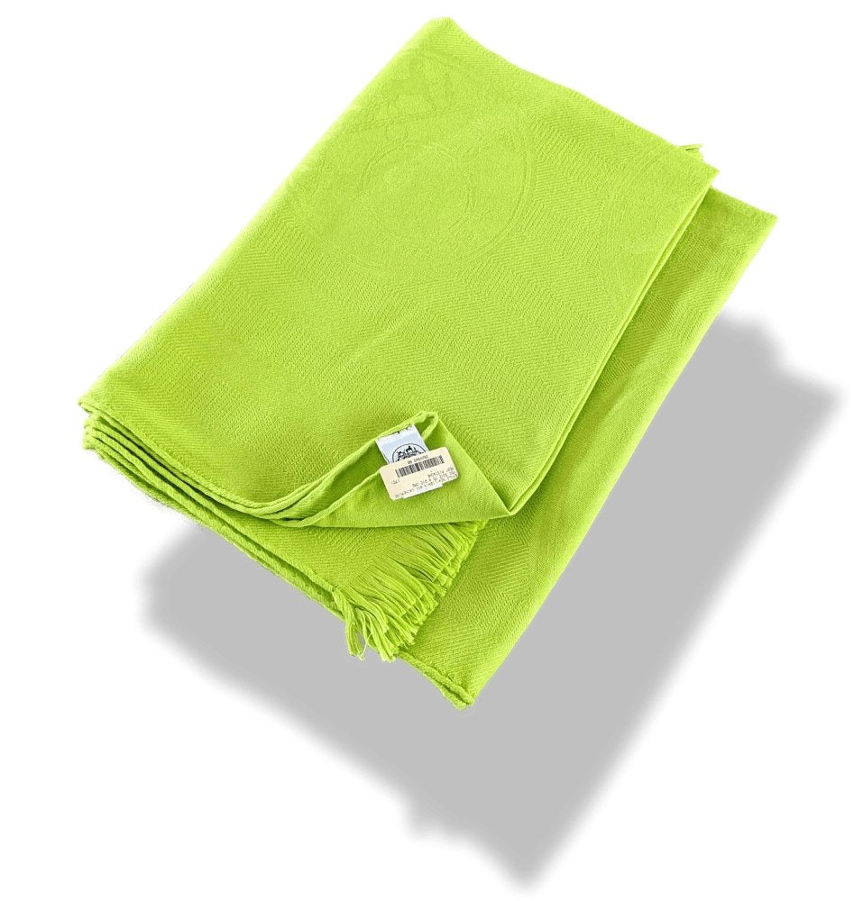 Hermes Pistachio Green ETOLE NEW LIBRIS CONFESSIONS D'EX-LIBRIS Muffler Fringed 85% Cashmere/15% Silk 75 x 210 cm, BNWT! - poupishop