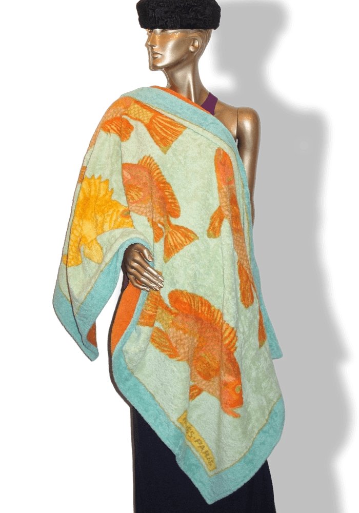 Hermes Pistachio Green Orange Fishes BALI Cotton Terry Animal Print Fish Towel 150 x 90cm cm, New! - poupishop