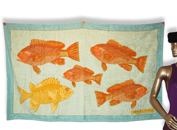 Hermes Pistachio Green Orange Fishes BALI Cotton Terry Animal Print Fish Towel 150 x 90cm cm, New! - poupishop