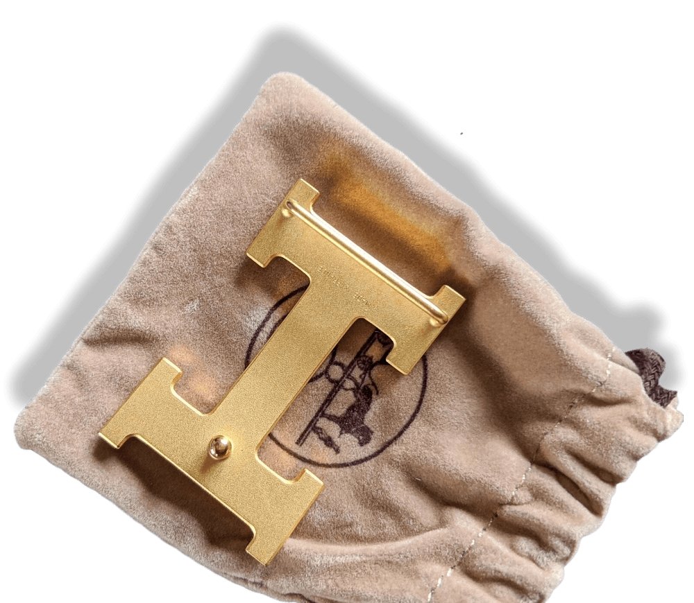 Hermes Plated Gold CALANDRE STRIEE Belt Buckle H 32 mm, Pouch! - poupishop