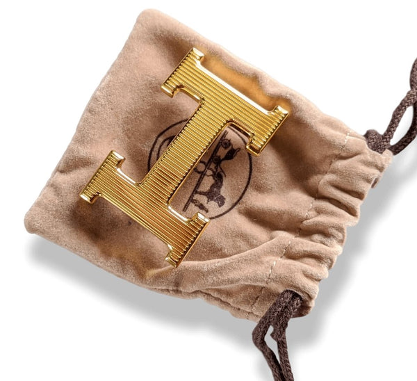 Hermes Plated Gold CALANDRE STRIEE Belt Buckle H 32 mm, Pouch! - poupishop