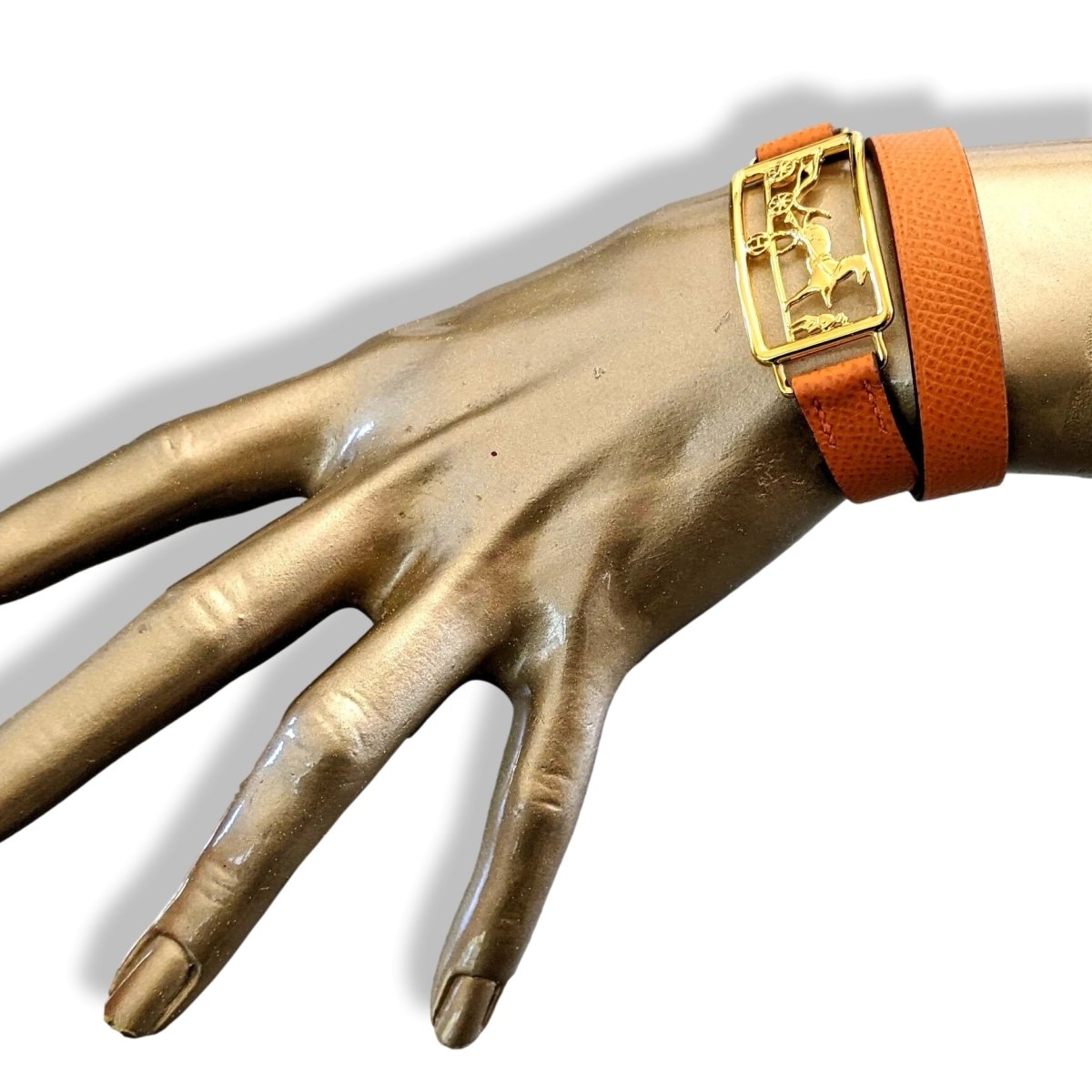 Hermes Plated Gold/Orange Calfskin CALECHE DOUBLE TOUR Bracelet Sz T3, BNIB! - poupishop