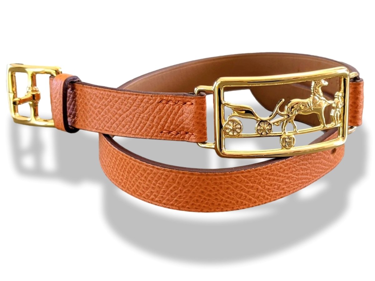 Hermes Plated Gold/Orange Calfskin CALECHE DOUBLE TOUR Bracelet Sz T3, BNIB! - poupishop
