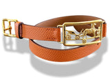 Hermes Plated Gold/Orange Calfskin CALECHE DOUBLE TOUR Bracelet Sz T3, BNIB! - poupishop