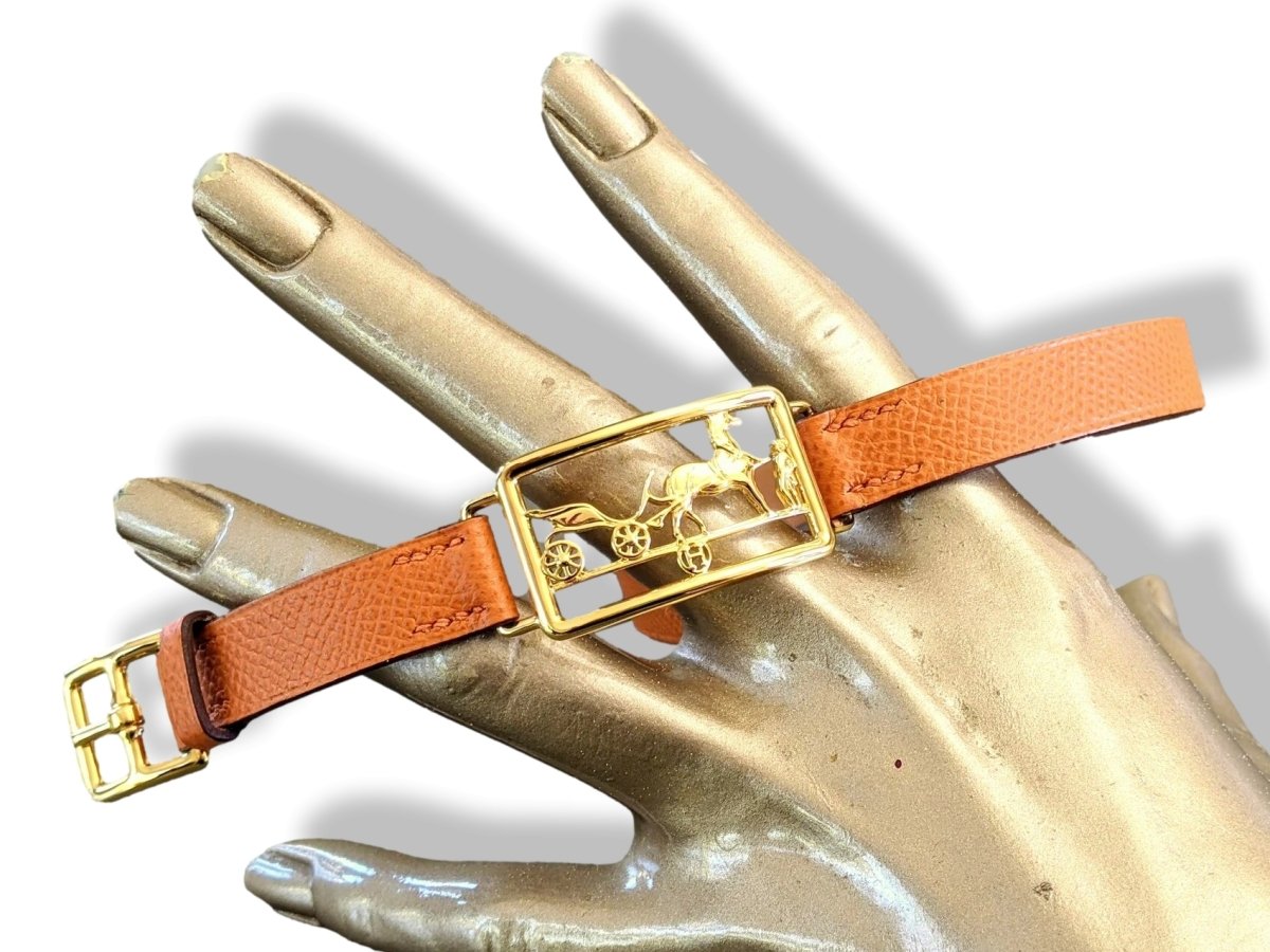 Hermes Plated Gold/Orange Calfskin CALECHE DOUBLE TOUR Bracelet Sz T3, BNIB! - poupishop