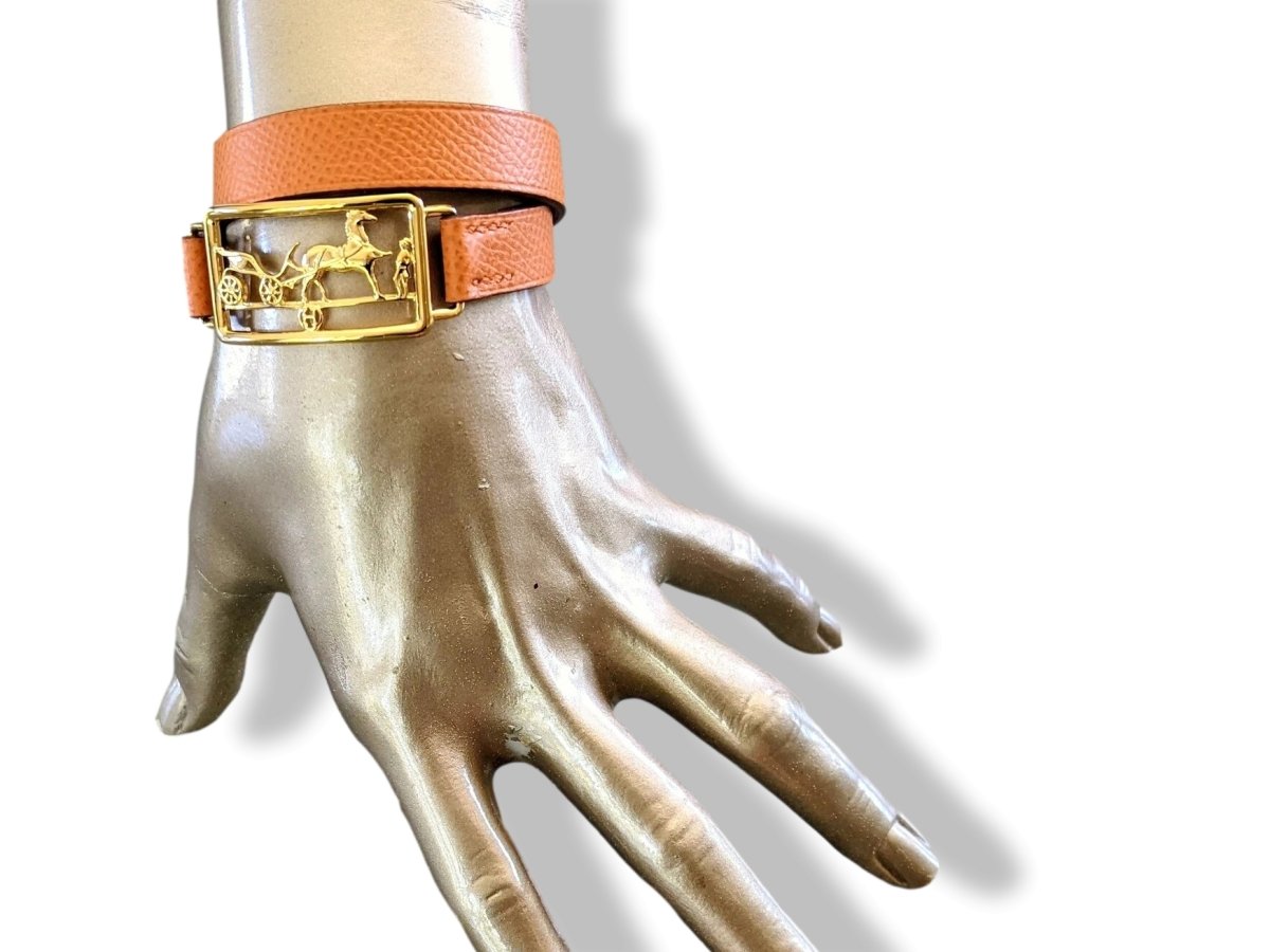 Hermes Plated Gold/Orange Calfskin CALECHE DOUBLE TOUR Bracelet Sz T3, BNIB! - poupishop