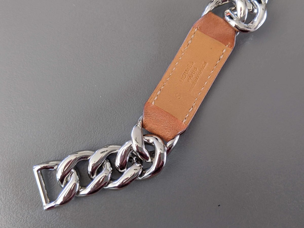 Hermes Plated Silver and Palladium/Fauve Barenia FRENCHY S Double Tour Bracelet, New! - poupishop
