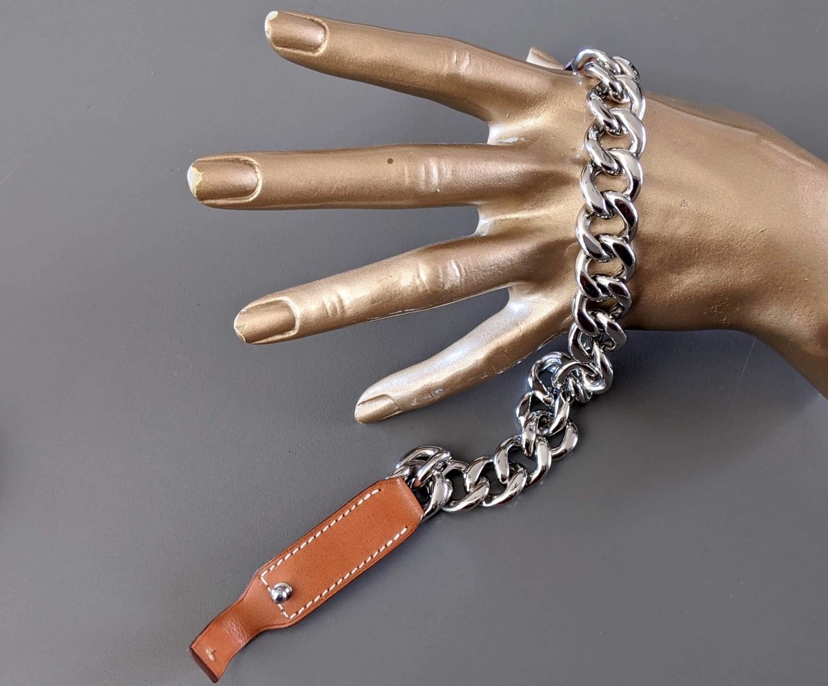 Hermes Plated Silver and Palladium/Fauve Barenia FRENCHY S Double Tour Bracelet, New! - poupishop
