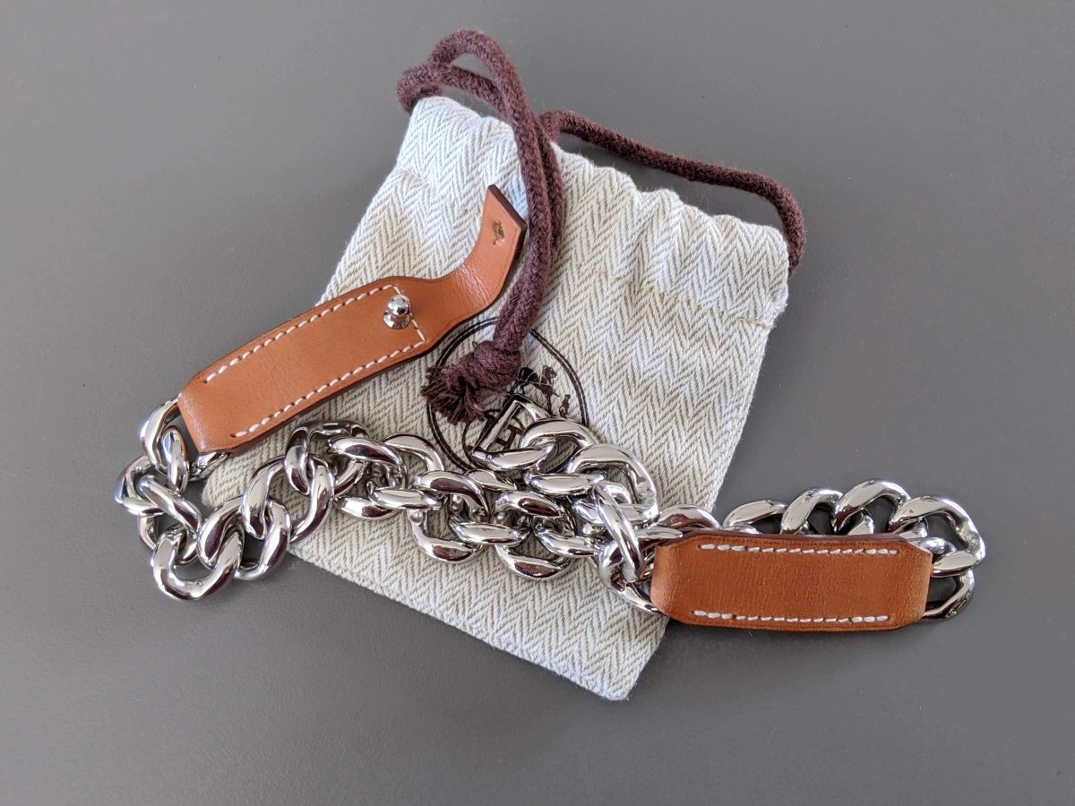 Hermes Plated Silver and Palladium/Fauve Barenia FRENCHY S Double Tour Bracelet, New! - poupishop