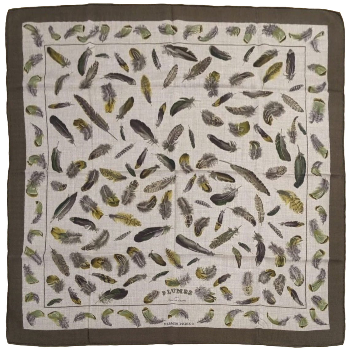 Hermes Vintage Etoupe-Kaki/Naturel PLUMES by Henri de Linares Cashmere 90cm