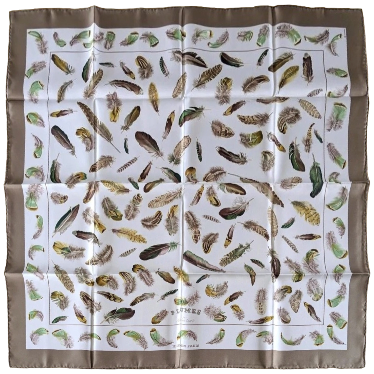 Hermes 1999 Blanc/Etoupe/Vert PLUMES by Henri de Linares Crispy Twill Silk 90cm