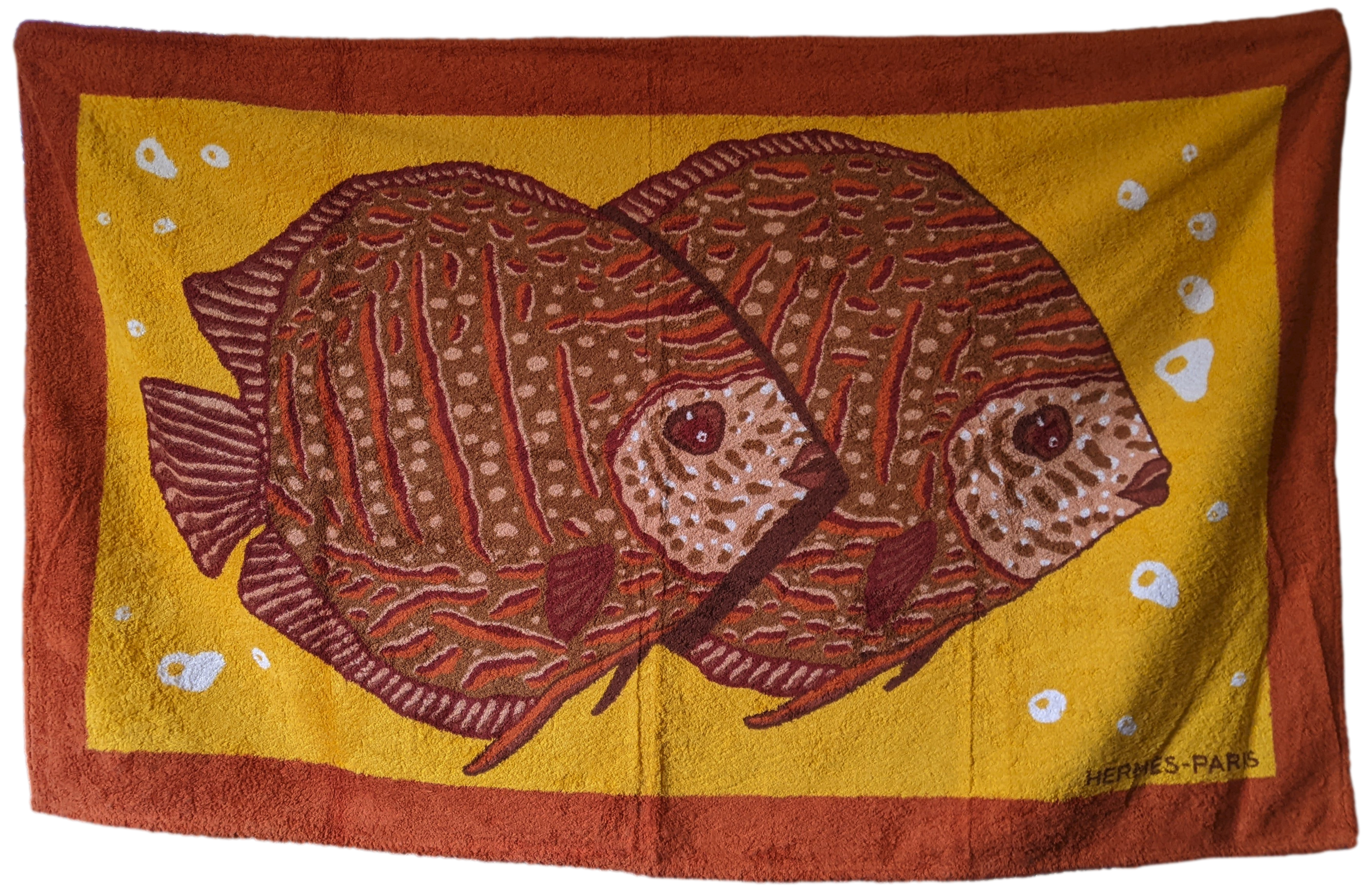 Produits Hermes Vintage Rouille/Orange "Poissons" Tapis de Plage Terry Beach Towel GM 90 x 150 cm