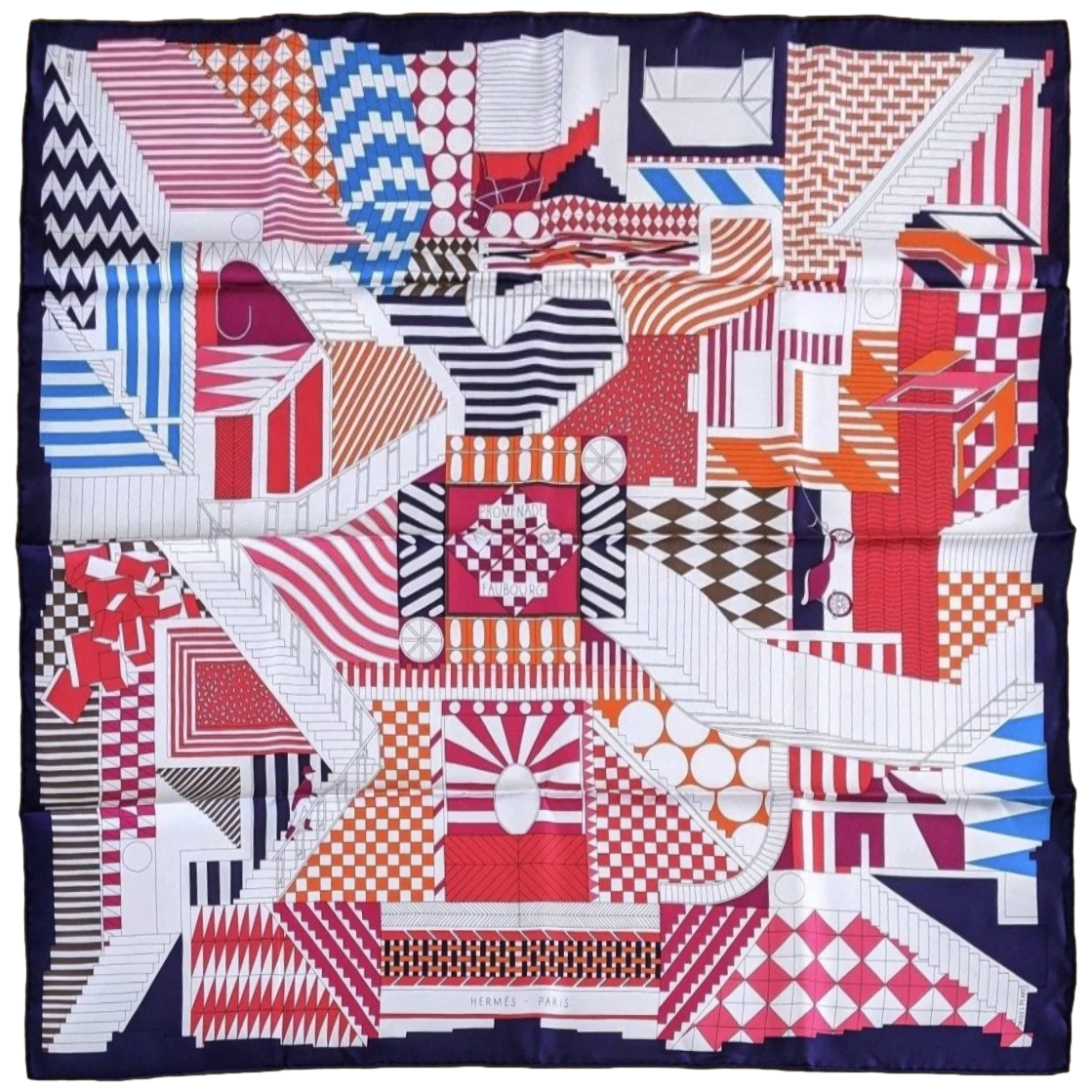 Hermes 2007 Caban/Blanc/Framboise PROMENADE AU FAUBOURG by Nigel Peake Twill Scarf 90cm