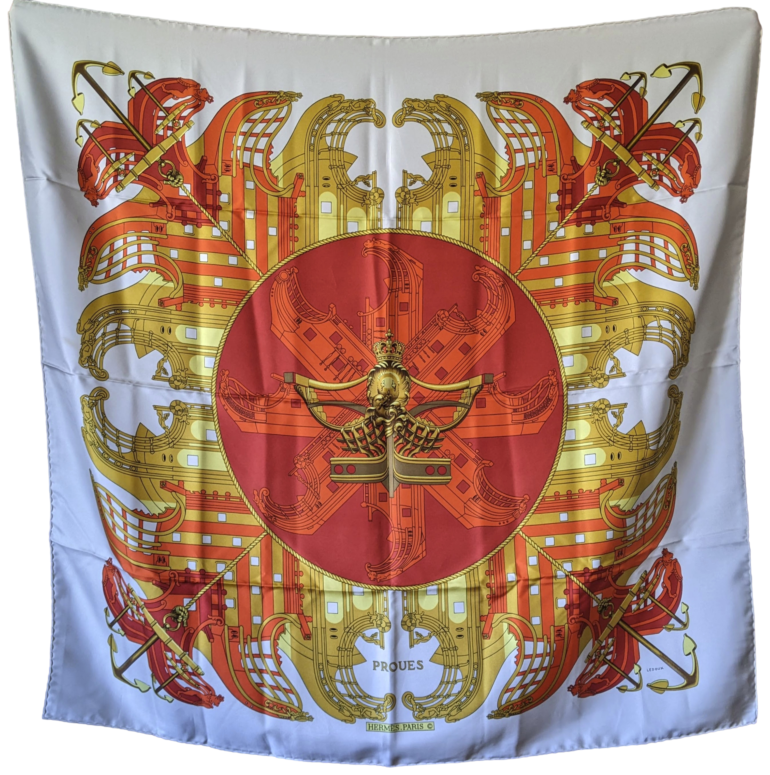 Produits Hermes 1973 Blanc/Rouge "Proues" Twill Scarf 90 x 90 cm