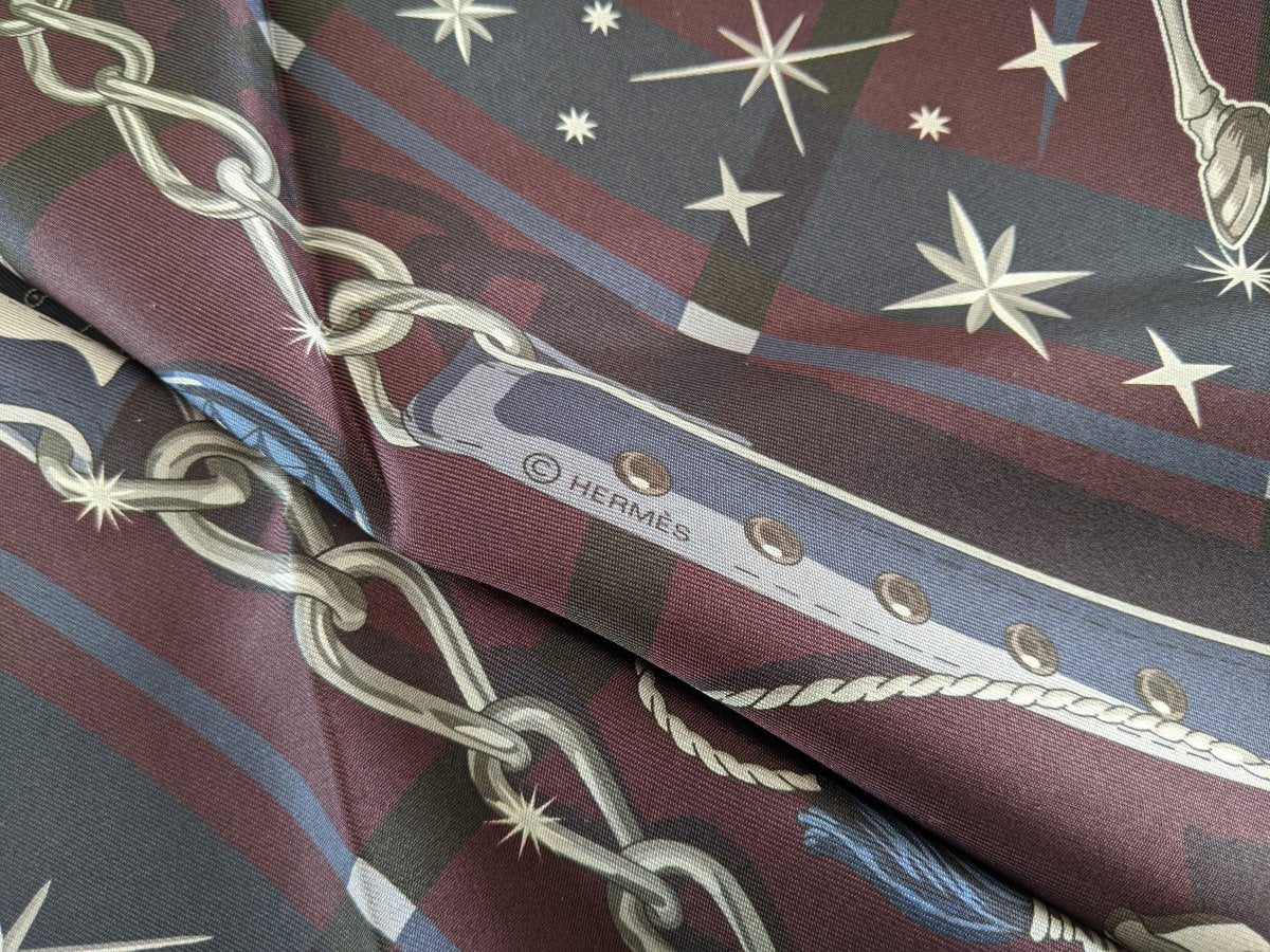 Hermes Prune/Gris/Marine C'EST LA FETE by Daiske Nomura DOUBLE FACE Twill Scarf 90cm, BNWT! - poupishop
