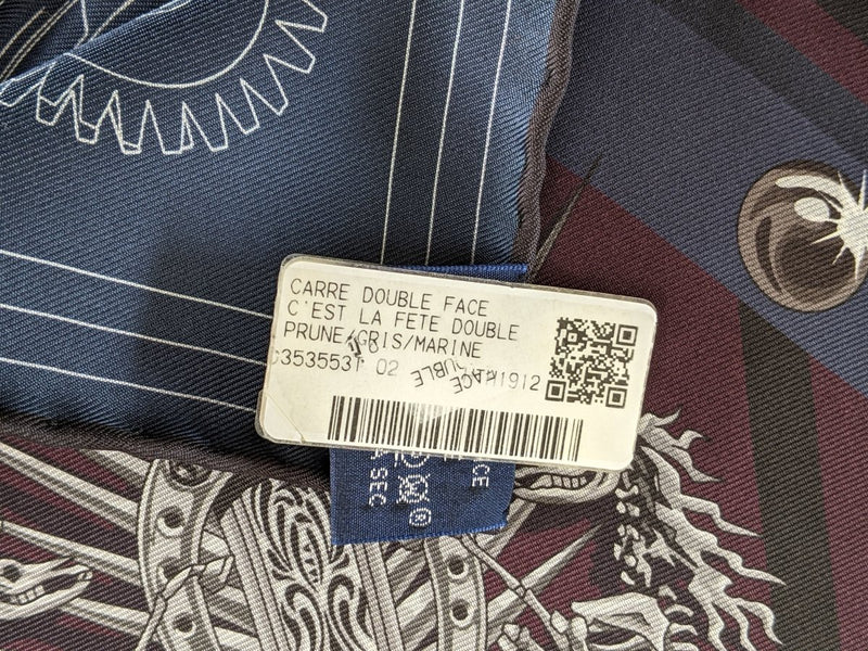 Hermes Prune/Gris/Marine C'EST LA FETE by Daiske Nomura DOUBLE FACE Twill Scarf 90cm, BNWT! - poupishop